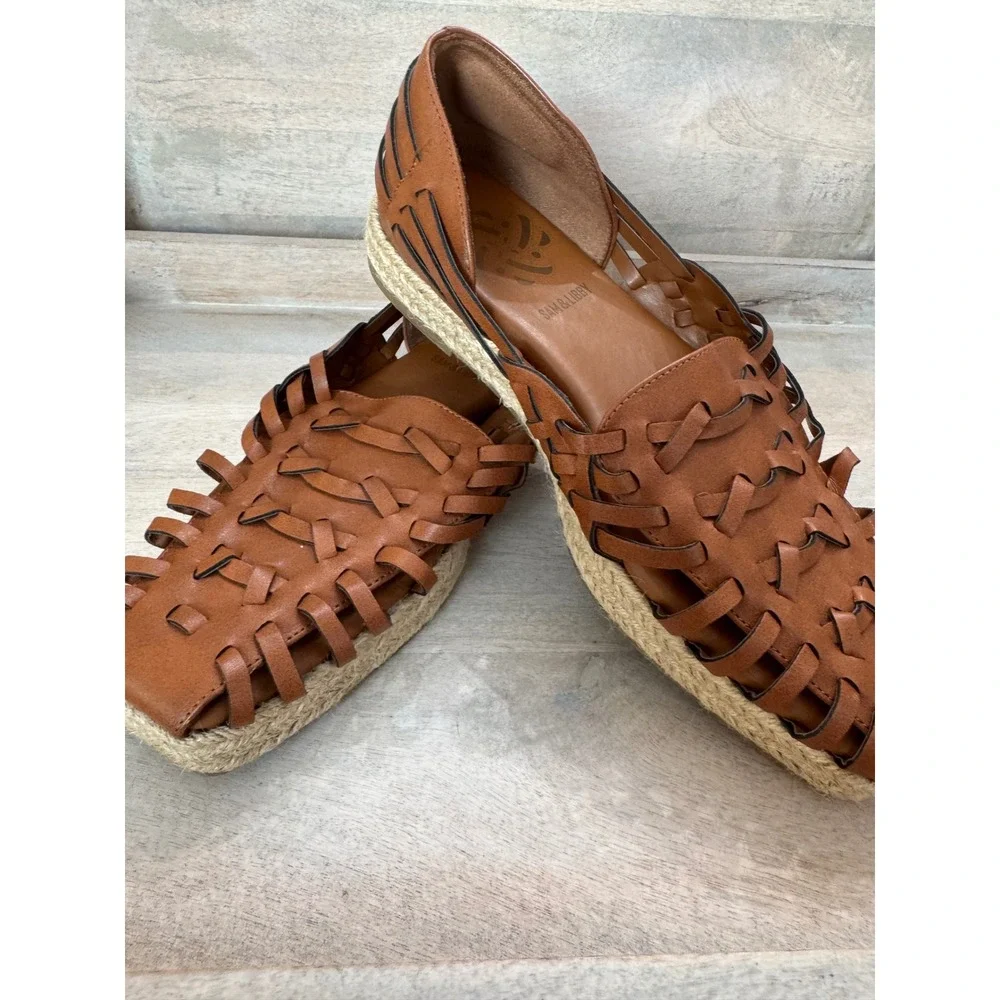 Sam & Libby Cognac Brown Woven Huarache Espadrille Flats Square Toe women's 9